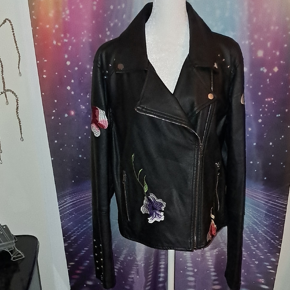 Black Leather Biker Jacket with Colorful Floral  Appliqués